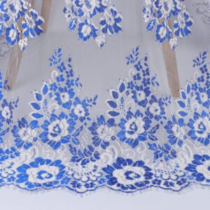 Blue and white floral nylon lace fabric with intricate patterns and delicate detailing
