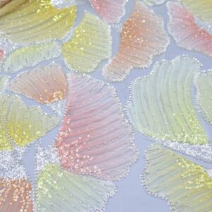 Close-up of colorful polyester beaded lace fabric adorned with shimmering sequins