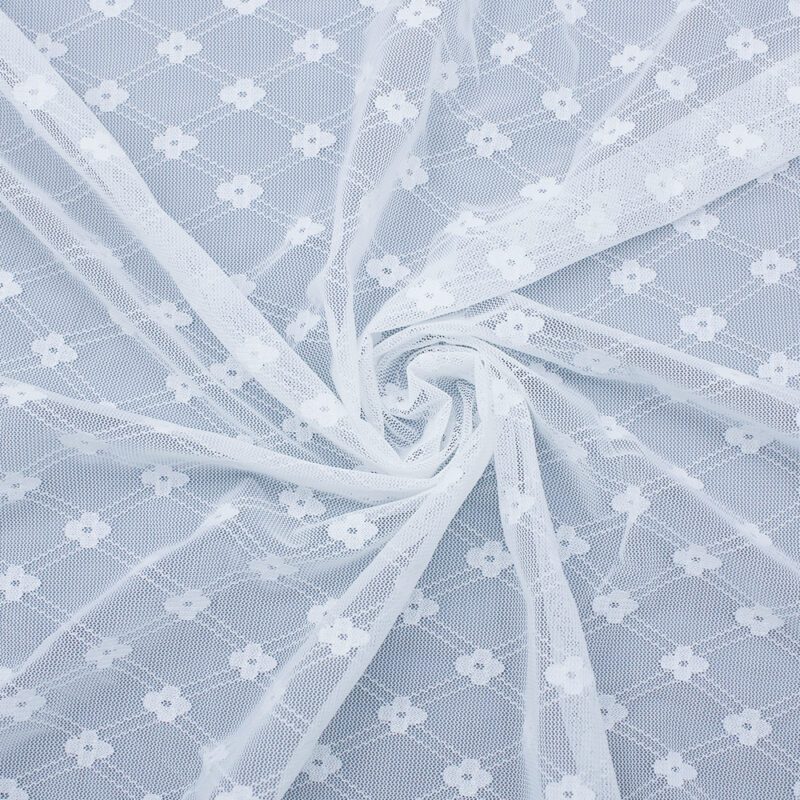 Close-up of white and gray patterned nylon and spandex lace fabric, showcasing intricate designs and textures