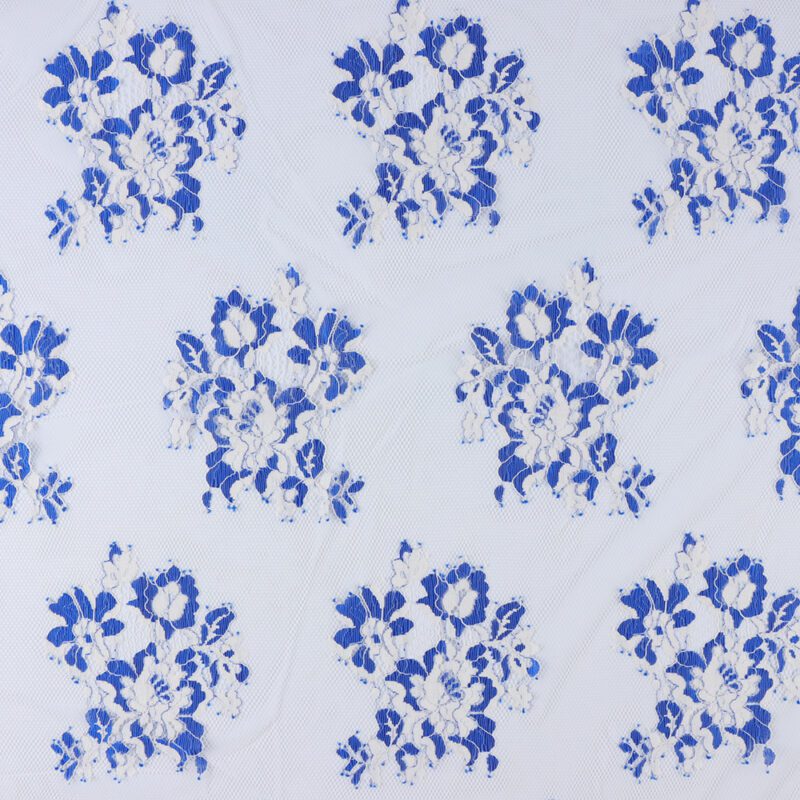 White and blue floral print nylon lace fabric, featuring delicate flowers on a soft background