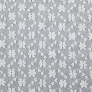 White lace fabric featuring an embroidered butterfly design, made from nylon and spandex for added stretch