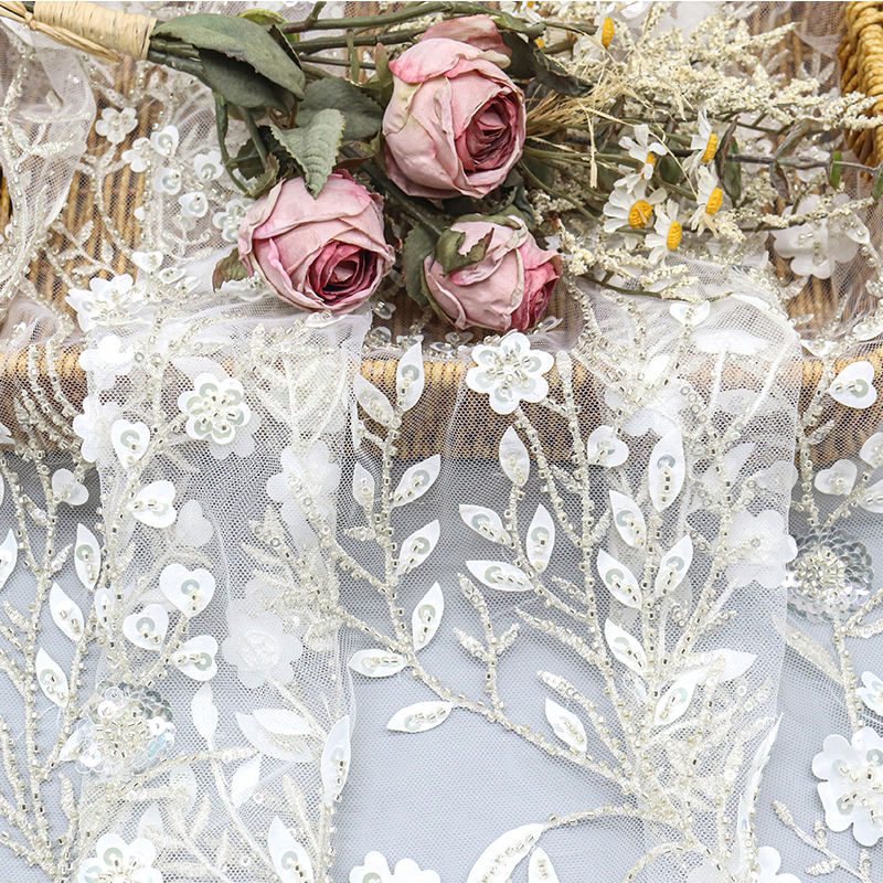 Hot Selling Polyester Plant Floral Fabric Decorative Sequin Lace Fabric for Wedding Dress
