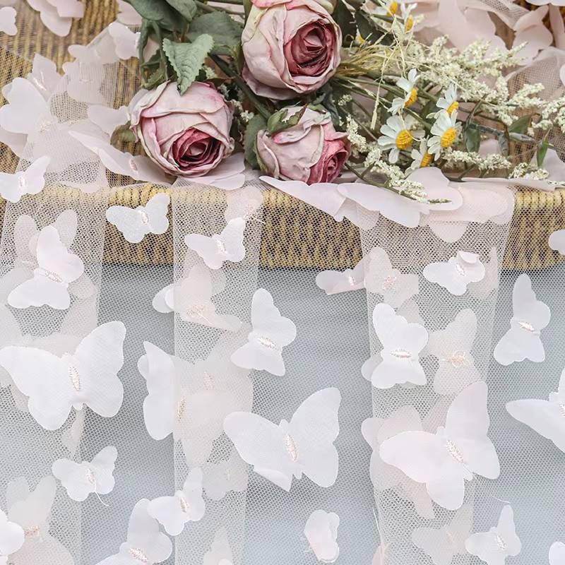Hot Selling Polyester 3D Butterfly Applique Tulle Mesh Bridal Lace Fabric for Wedding Dresses and Girls' Gowns