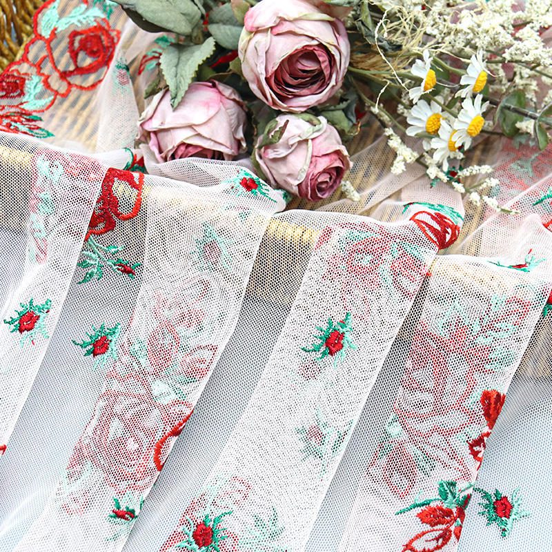 New Design Mesh Embroidery Red Rose French Lace Wedding Dress Fabric for Women Dress
