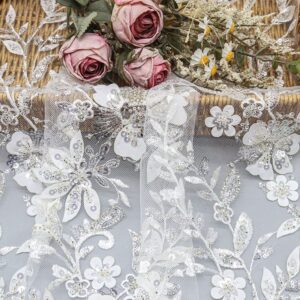 Top Quality Premium Leaf White Bridal Lace Fabric Decorative Sequin Mesh Fabric for Dress
