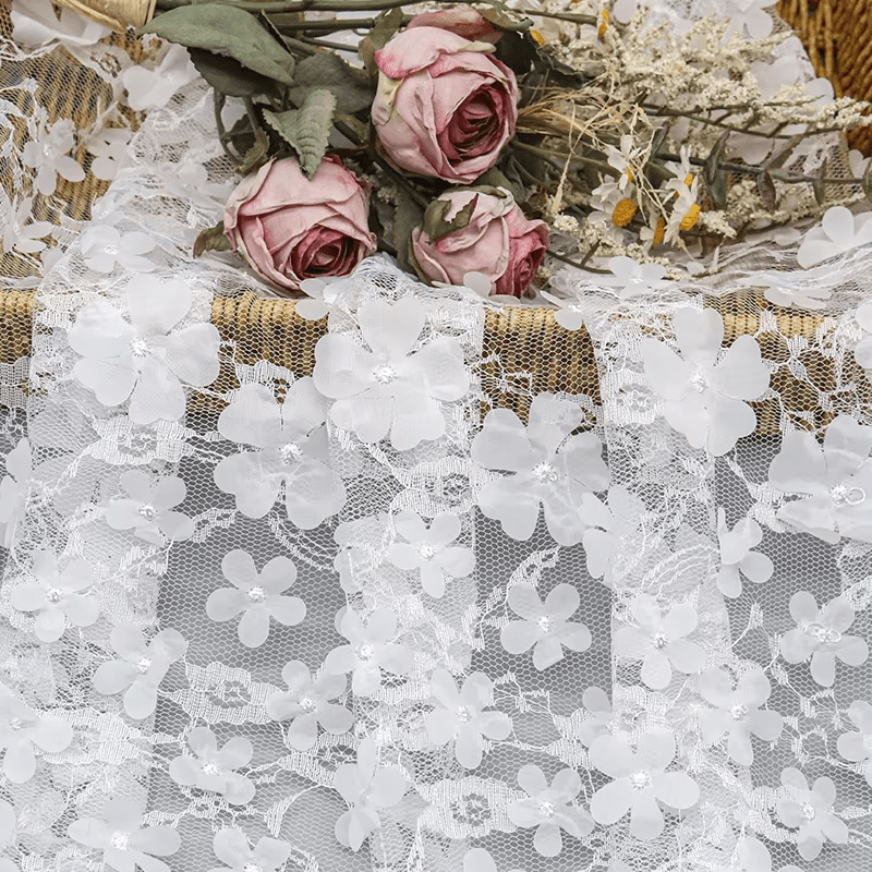 Factory Direct Selling 3D Floral Fabric White Embroidery Bridal Lace Fabric for Wedding Dress