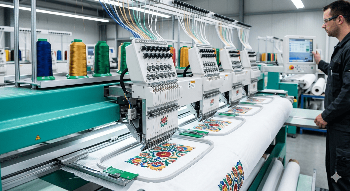 Embroidery Fabric Production Process | Free Samples from Manufacturer 1 A high-speed multi-head industrial embroidery machine stitching intricate floral patterns onto white base fabric in a factory setting.