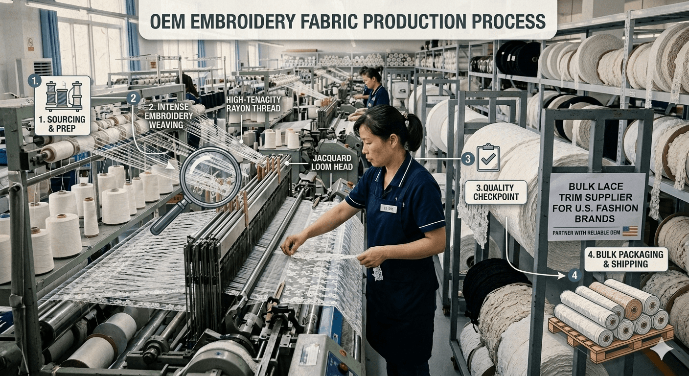 Step-by-Step OEM Embroidery Fabric Production Process | Professional Textile Manufacturing