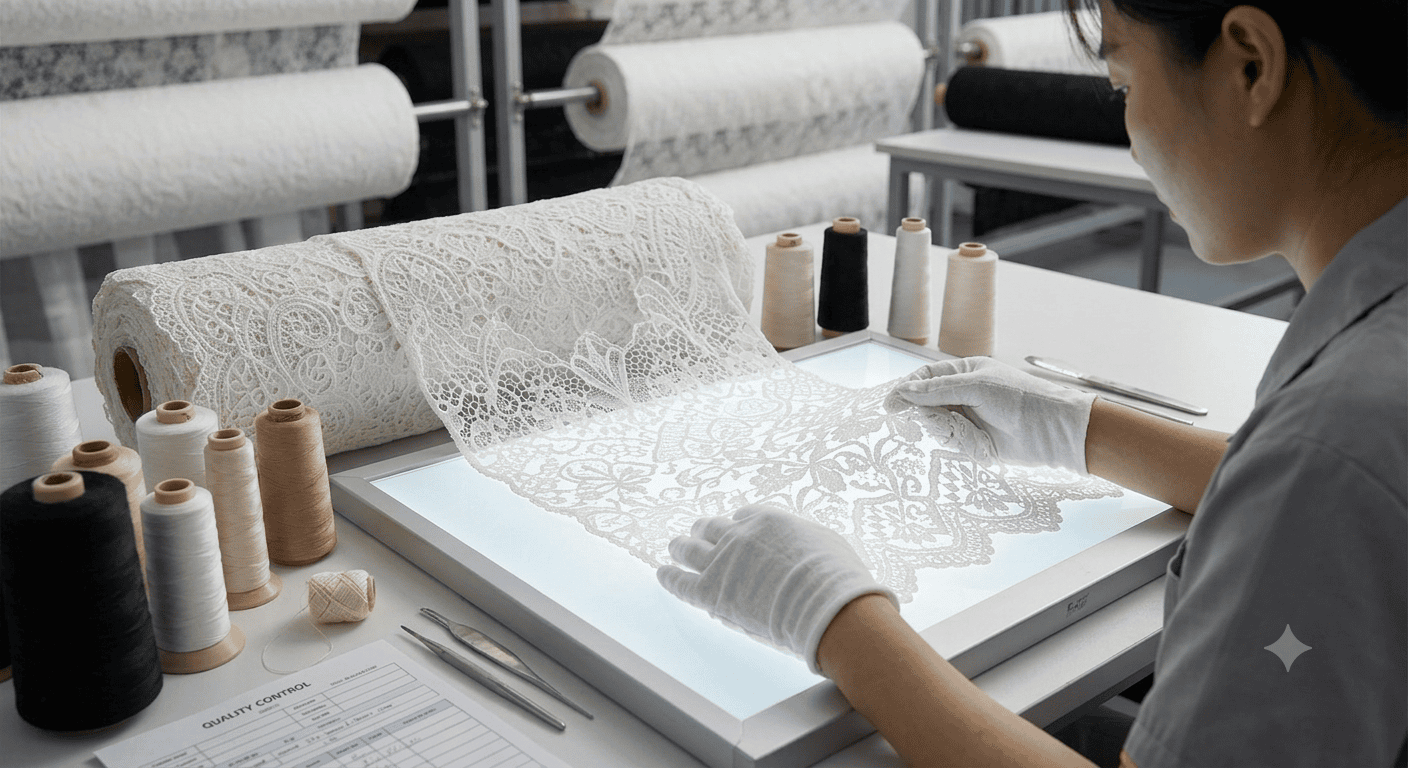 Wholesale Lace Fabric Manufacturer & Bulk Supplier | Custom Lace 2 Quality control inspection of guipure lace fabric in textile factory