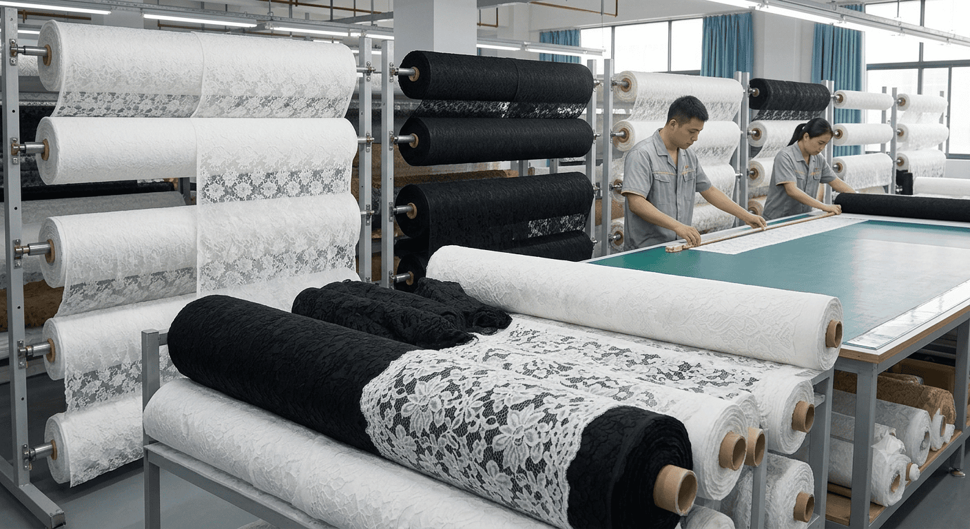 Wholesale Lace Fabric Manufacturer & Bulk Supplier | Custom Lace 1 Wholesale lace fabric factory production line and bulk rolls