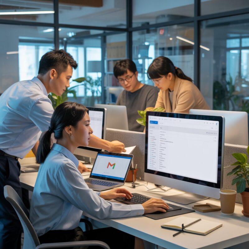 A photograph of a modern office workspace showing a Chinese support team collaborating around computer screens displaying Gmail interfaces
