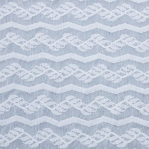 A white and blue lace fabric made of nylon and spandex, showcasing an intricate pattern of white and blue elements
