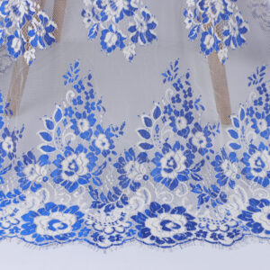 Blue and white floral nylon lace fabric with intricate patterns and delicate detailing