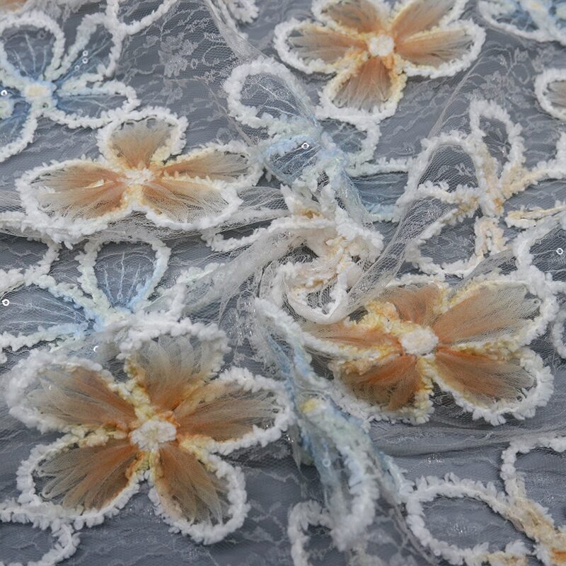 Close-up of a corded lace fabric featuring an intricate flower pattern on a white background