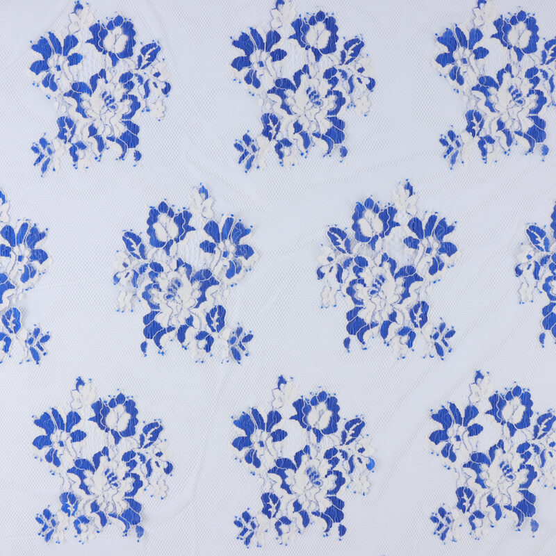 White and blue floral print nylon lace fabric, featuring delicate flowers on a soft background