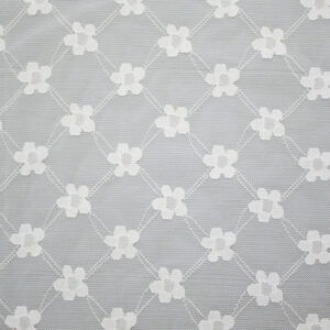 White and gray lace fabric featuring white flowers, made of 90% nylon and 10% spandex