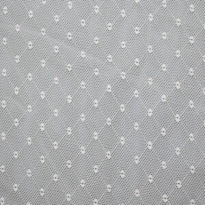 White and grey nylon and spandex lace fabric featuring a pattern of small dots
