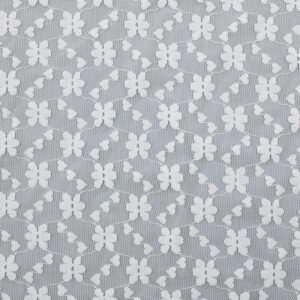 White lace fabric featuring an embroidered butterfly design, made from nylon and spandex for added stretch
