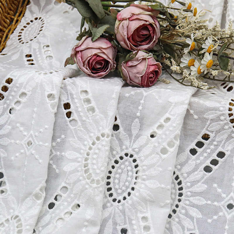 White lace tablecloth adorned with a prominent flower pattern, crafted from Pearl Medallion Eyelet cotton lace