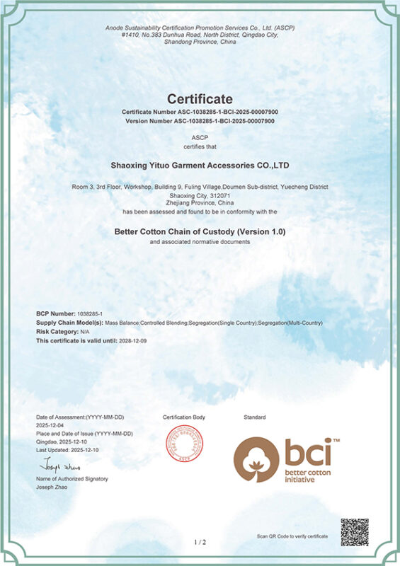 Yituo embroidery BCI certification