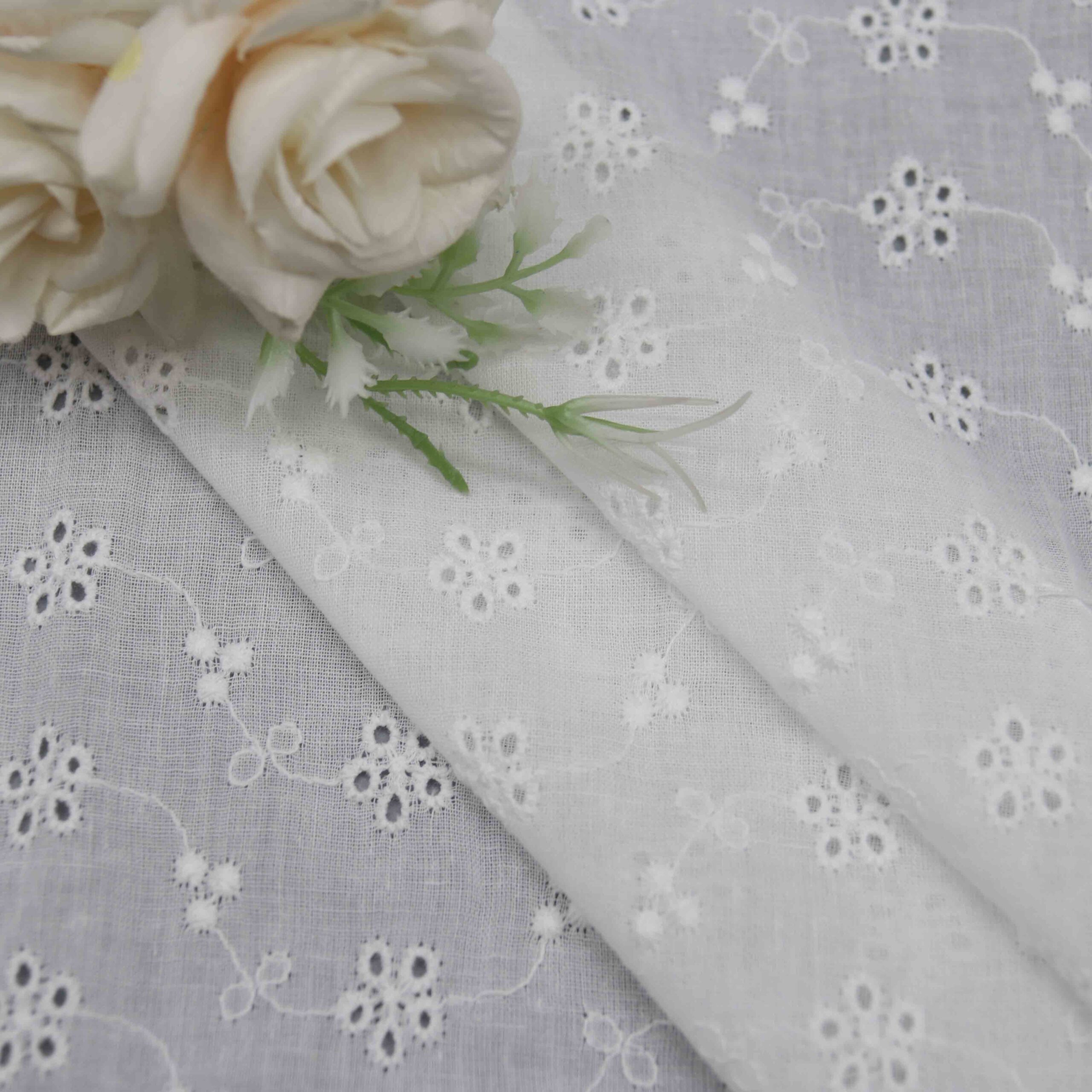 White Floral Cotton Eyelet Fabric by the Yard | Premium SKU yt26002 8 Premium White Floral Cotton Eyelet Fabric – SKU: yt26002