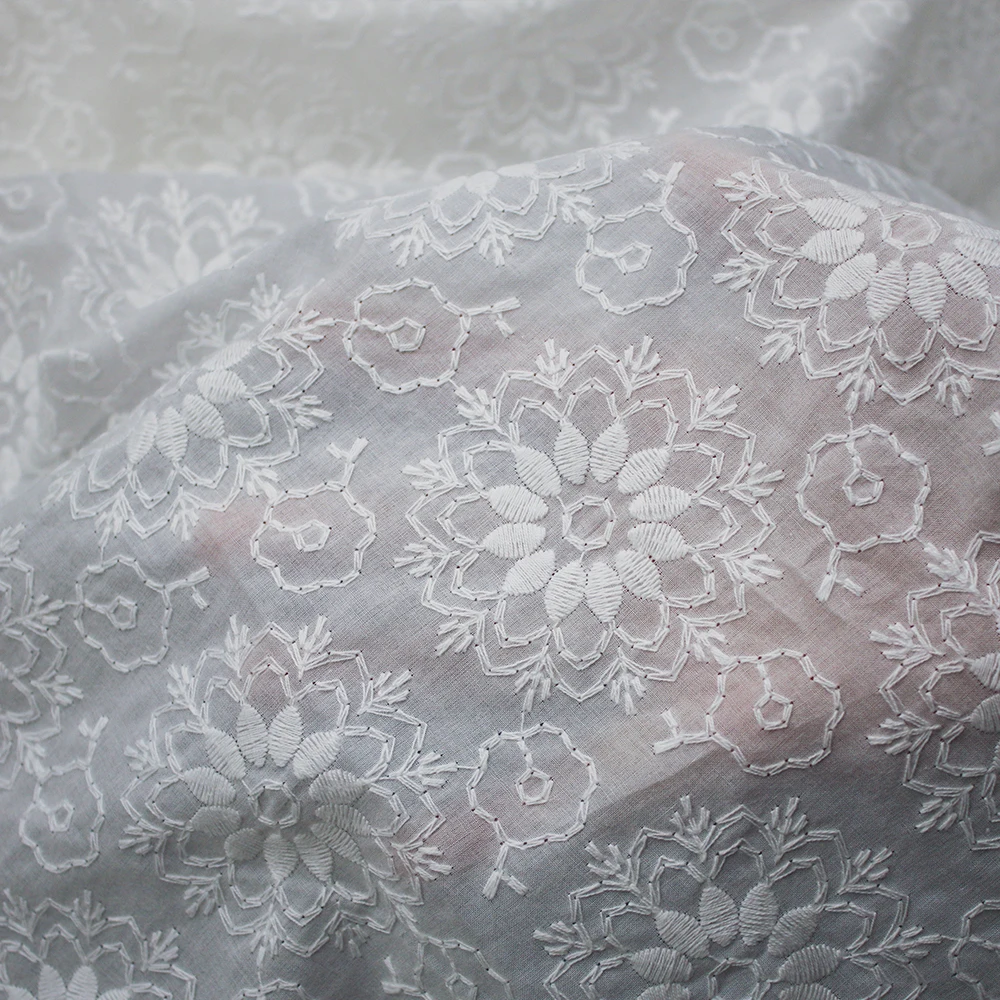 High Quality Floral Pure Cotton Embroidered Fabric – Elegant White Bridal Lace for Wedding Dresses, Flower Girl Gowns & Luxury Apparel