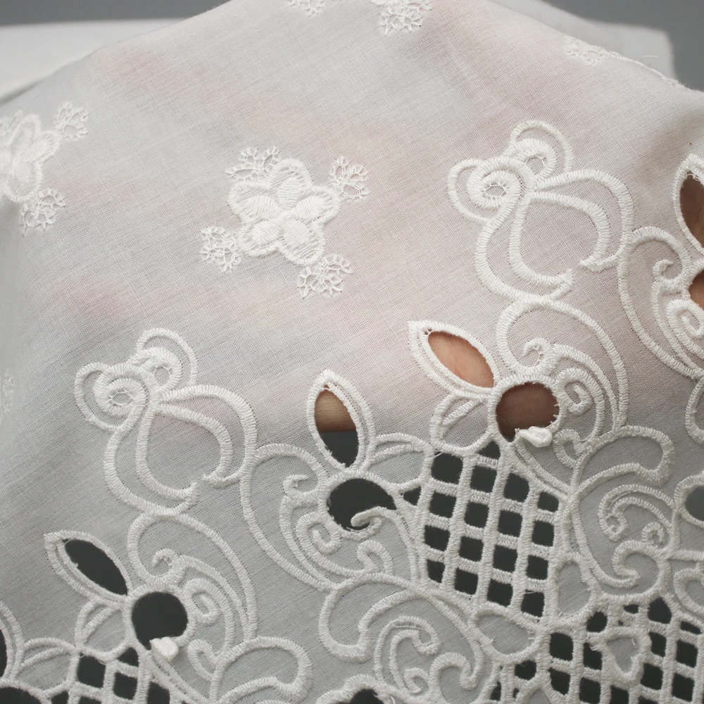 Flower Symmetrical 100% Polyester Voile Eyelet White Fabric Laser Cut Embroidery Fabric for Clothing