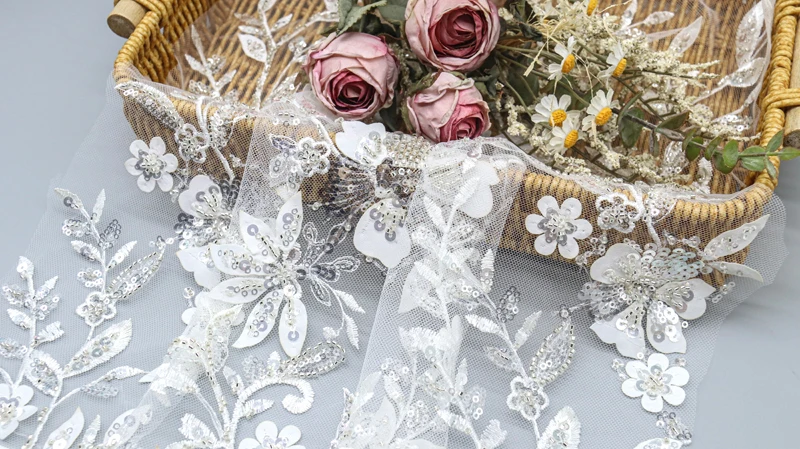 Top Quality Premium Leaf White Bridal Lace Fabric Decorative Sequin Mesh Fabric for Dress 11 Top Quality Premium Leaf White Bridal Lace Fabric Decorative Sequin Mesh Fabric for Dress