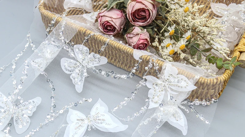 Factory Wholesale butterfly Sequin Lace Fabric Luxury Bead Mesh Fabric for Wedding Dress 12 Factory Wholesale butterfly Sequin Lace Fabric Luxury Bead Mesh Fabric for Wedding Dress