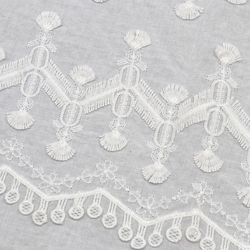 Hot Selling Tassel White Lace Fabric Geometry Polyester Cotton Bridal Fabric for Dress