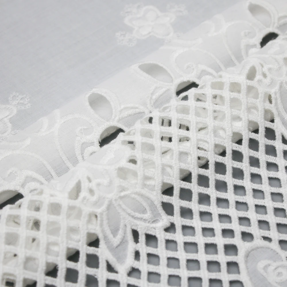 Flower Symmetrical 100% Polyester Voile Eyelet White Fabric Laser Cut Embroidery Fabric for Clothing