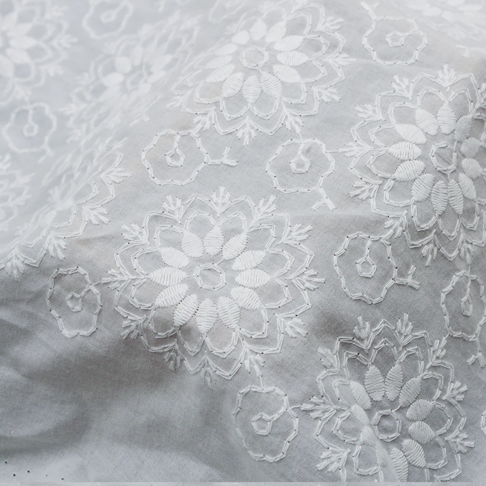 High Quality Floral Pure Cotton Embroidered Fabric – Elegant White Bridal Lace for Wedding Dresses, Flower Girl Gowns & Luxury Apparel