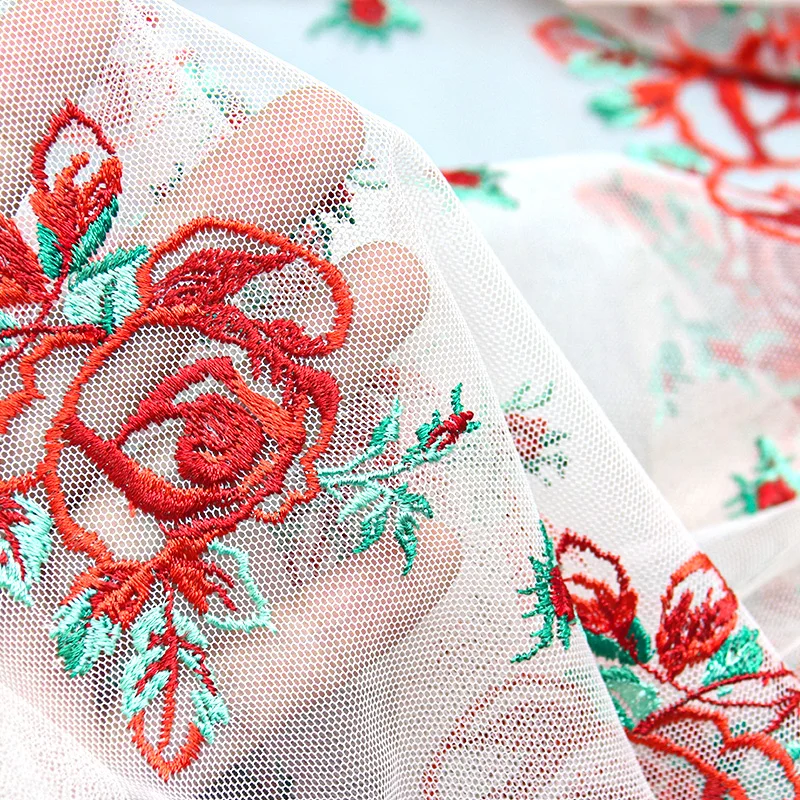 New Design Mesh Embroidery Red Rose French Lace Wedding Dress Fabric for Women Dress