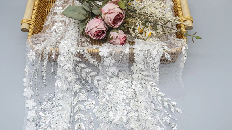 Top Quality Polyester Glitter 3d Lace Fabric Luxury Sequin Lace Fabric for Wedding Dress