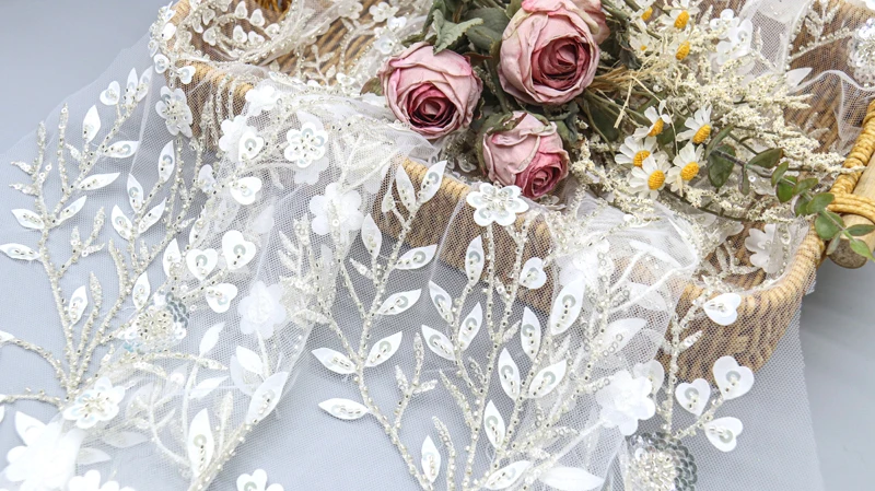 Hot Selling Polyester Plant Floral Fabric Decorative Sequin Lace Fabric for Wedding Dress 12 Hot Selling Polyester Plant Floral Fabric Decorative Sequin Lace Fabric for Wedding Dress