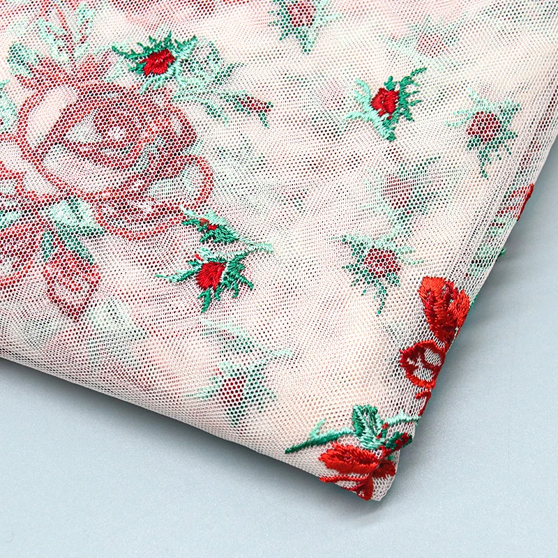 New Design Mesh Embroidery Red Rose French Lace Wedding Dress Fabric for Women Dress