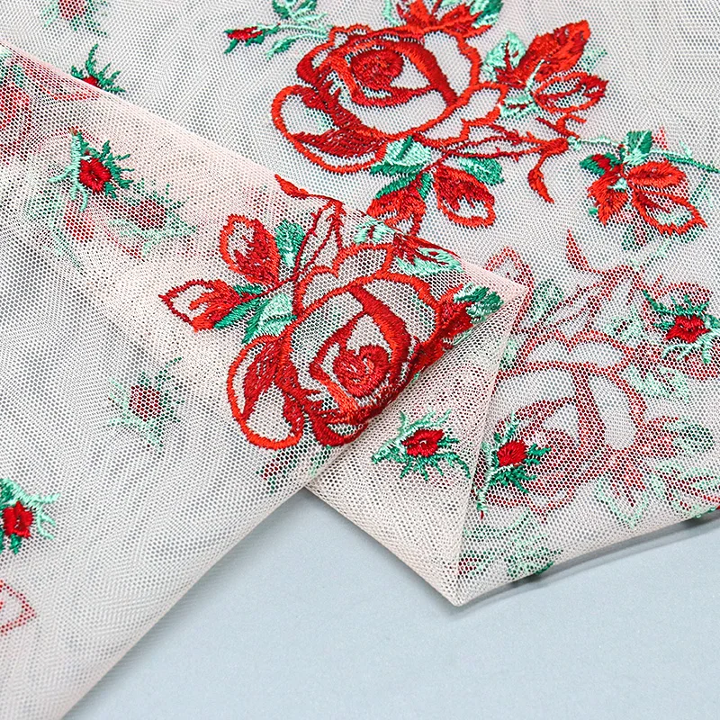 New Design Mesh Embroidery Red Rose French Lace Wedding Dress Fabric for Women Dress