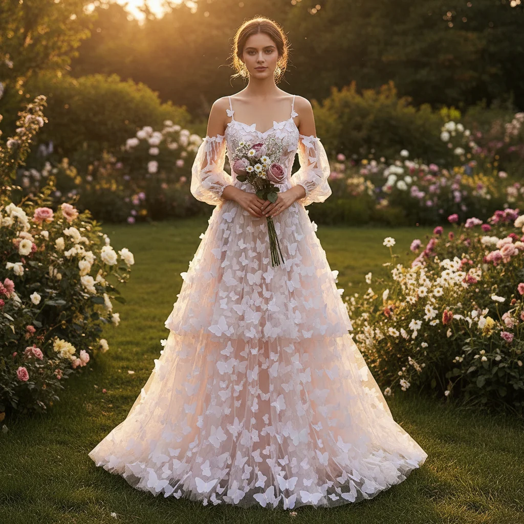 Hot Selling Polyester 3D Butterfly Applique Tulle Mesh Bridal Lace Fabric for Wedding Dresses and Girls' Gowns